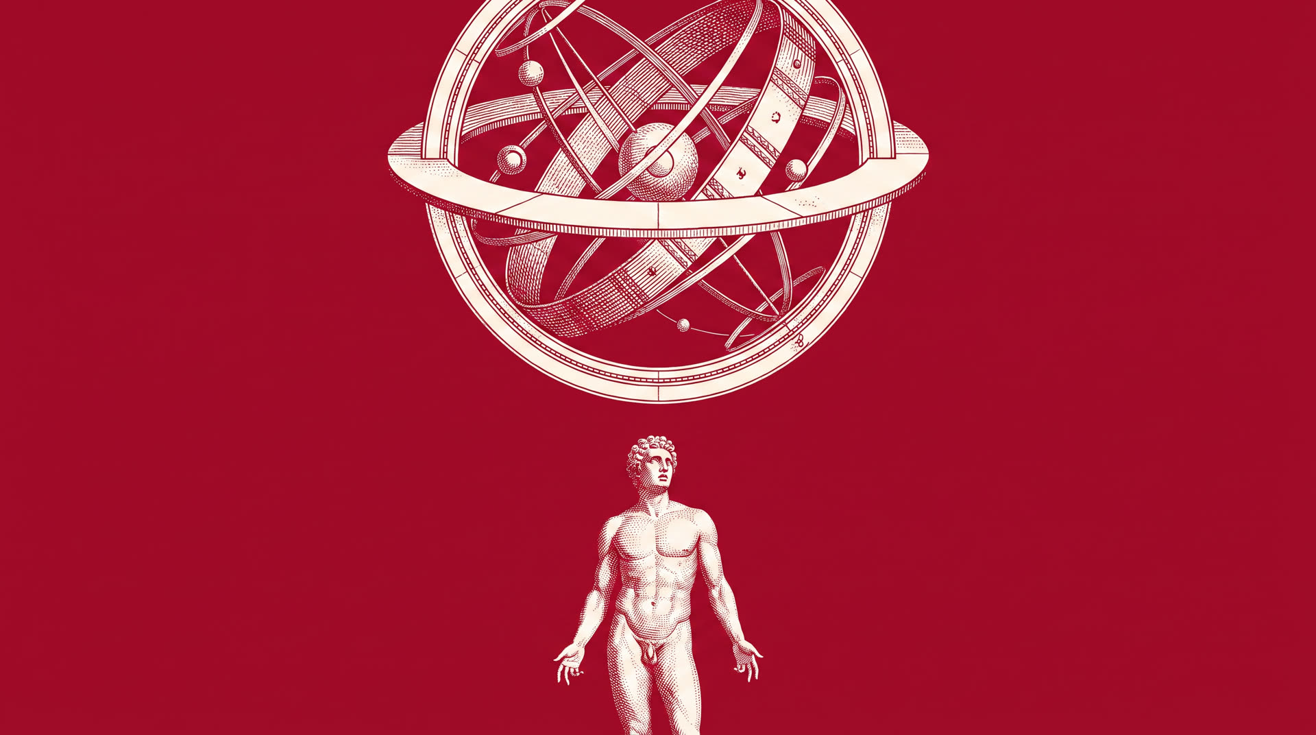 The weight become an orrery, turning above an upright figure